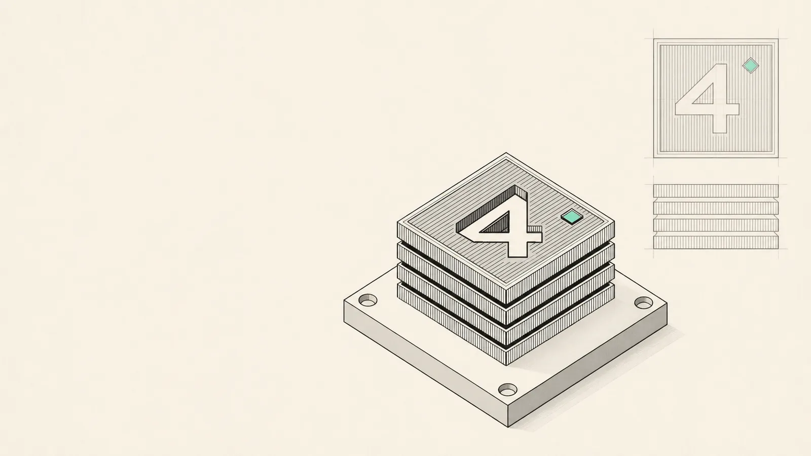 The four-layer chip on its baseplate, with technical drawings in the margin