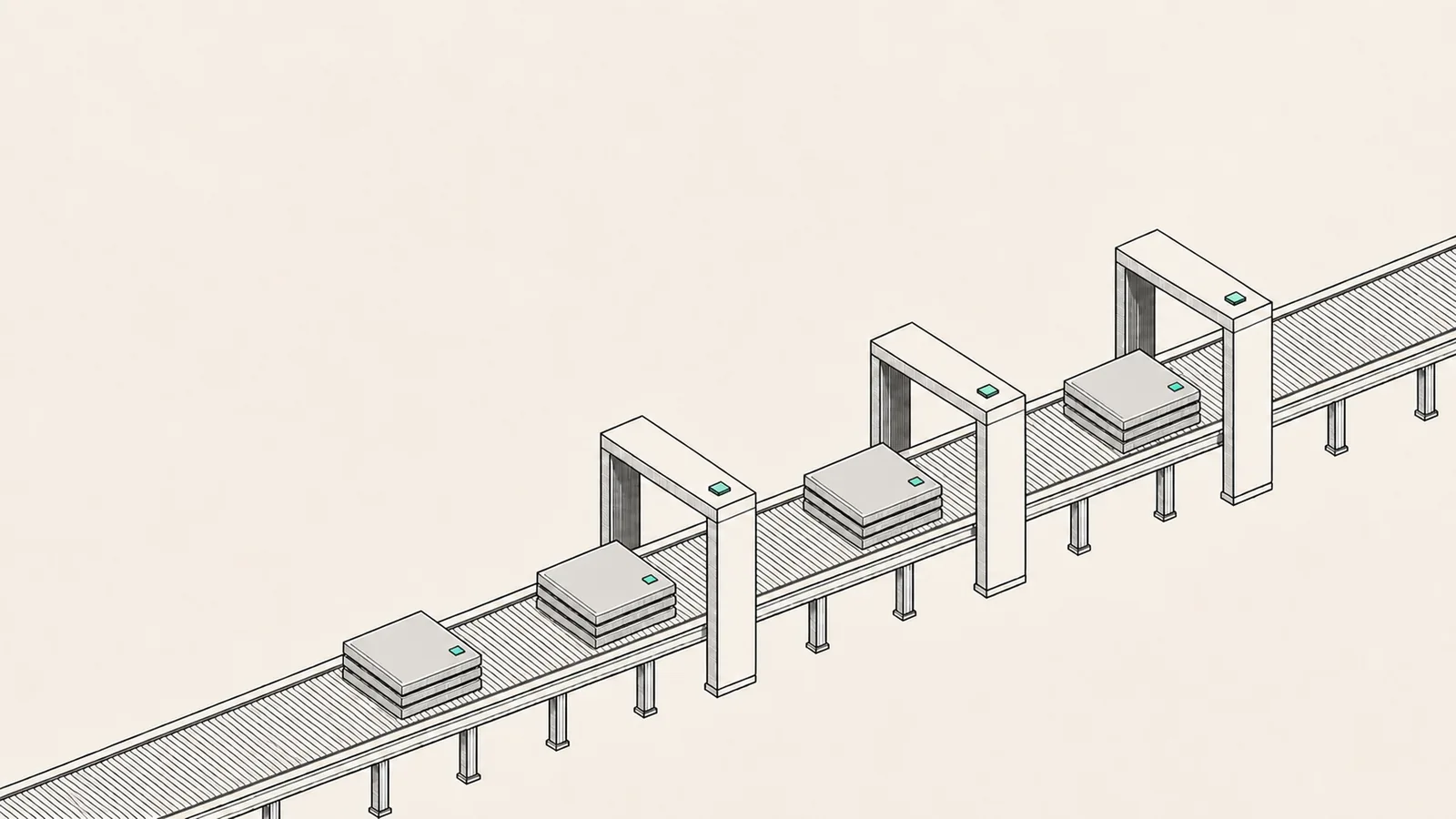 Chips on a conveyor line passing under engraving gantries